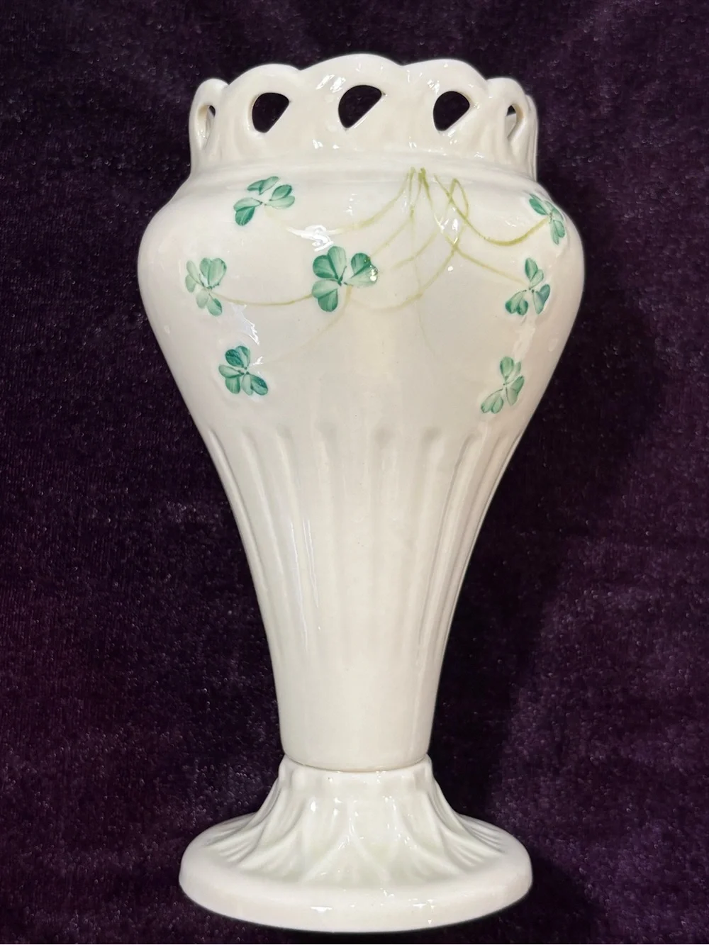 Beleek Ireland Vintage Hand-Painted Cream Green Shamrock Vase.